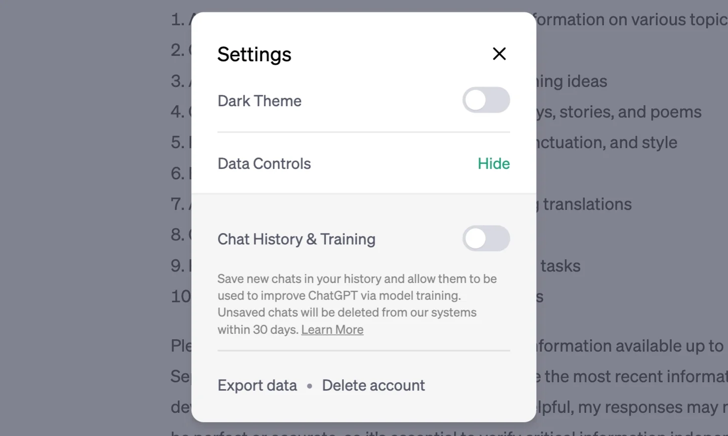Screenshot of ChatGPT's Chat History & Training toggle. A Settings window shows various controls, including that, export data and delete account.