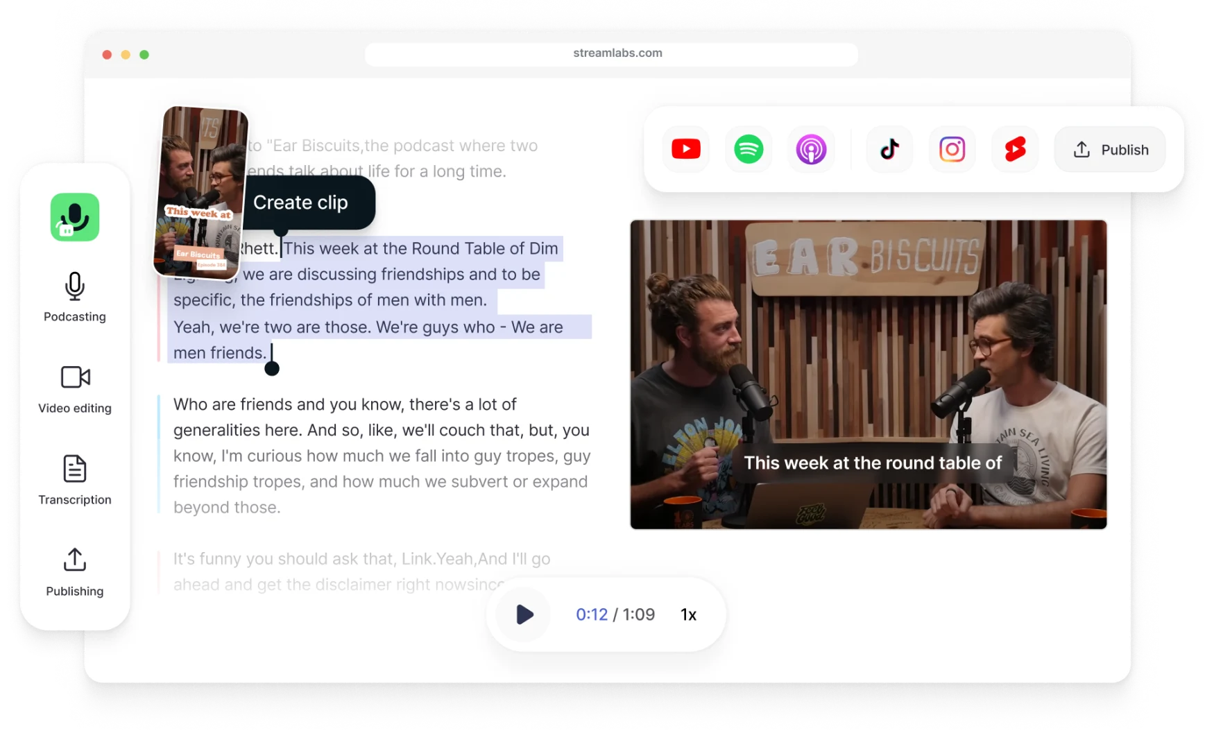 Ein Screenshot, der das neue Podcast-Editor-Tool von Streamlabs zeigt.  Auf der linken Seite ist der Text mit einer Blase hervorgehoben, die besagt: 