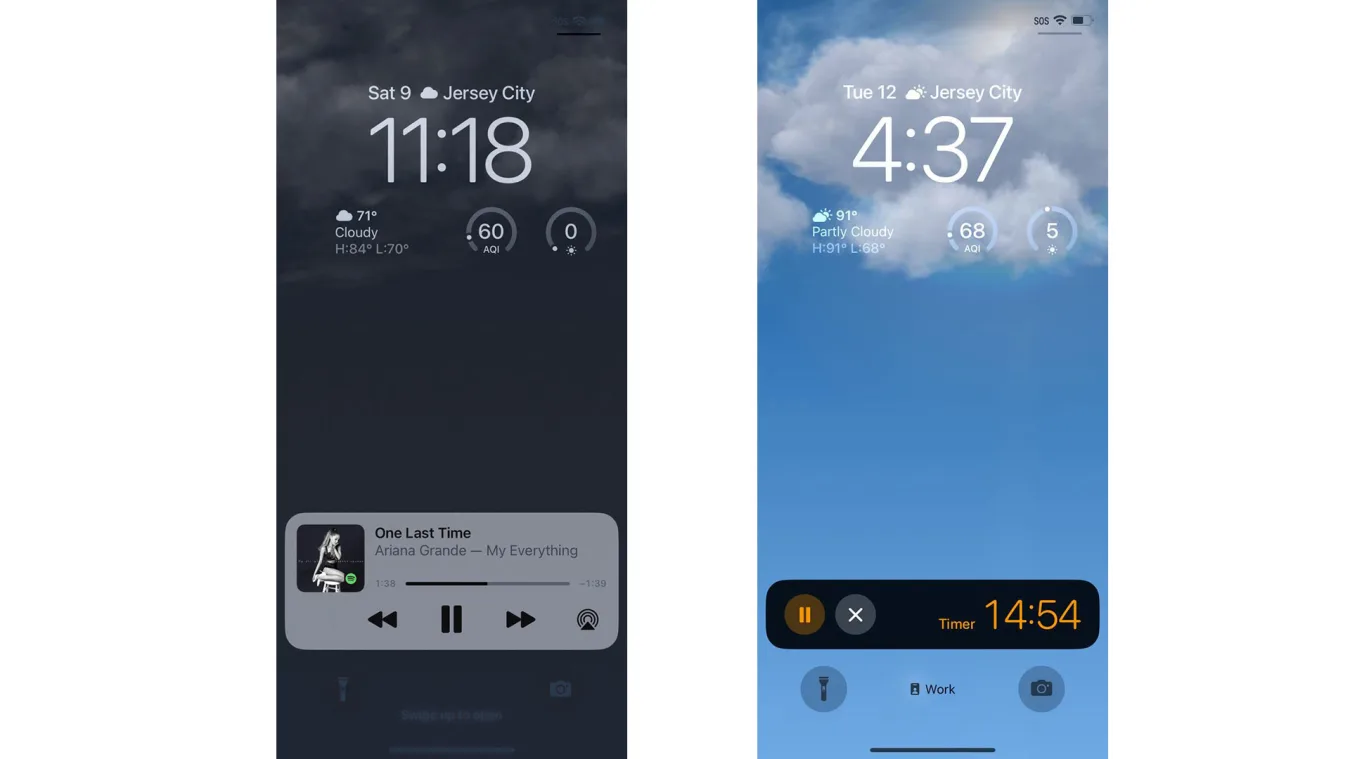 Two screenshots showing the new Live Activity box at the bottom of the new lock screens in the iOS 16 beta. The first one shows Spotify playback controls, while the second shows a 15-minute countdown with options to pause or cancel.
