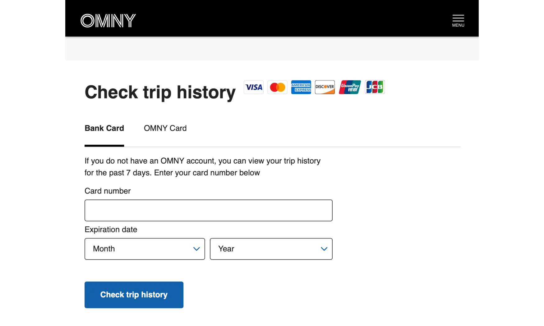 The ‘check trip history’ section of the OMNY website. It includes entry fields for entering a credit card number and expiration date.
