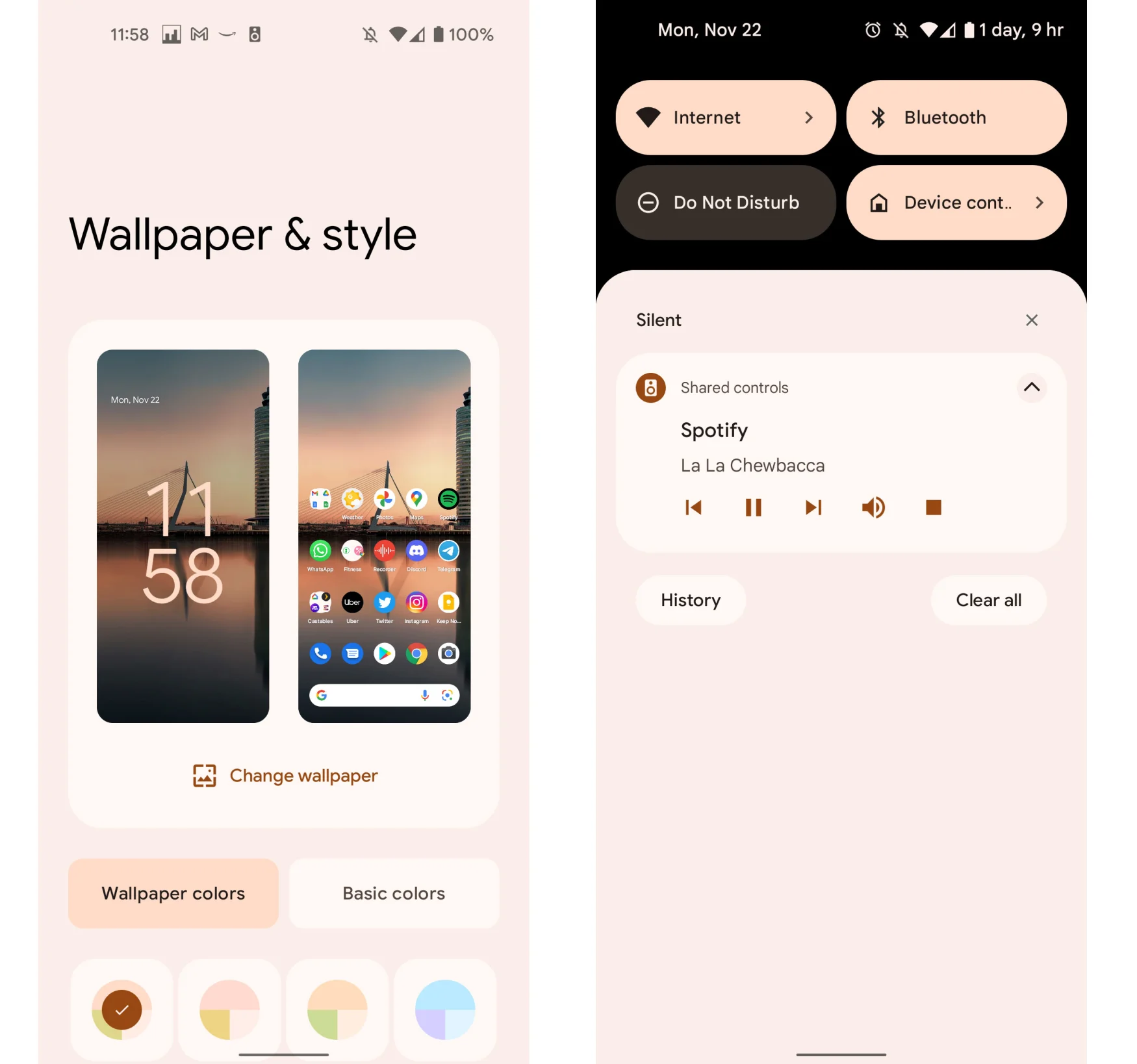 Two screenshots showing the Android 12 Material You theme. The first is the Wallpaper & Style settings page, the second screenshot shows the notifications and quick settings shade in the same color palette.