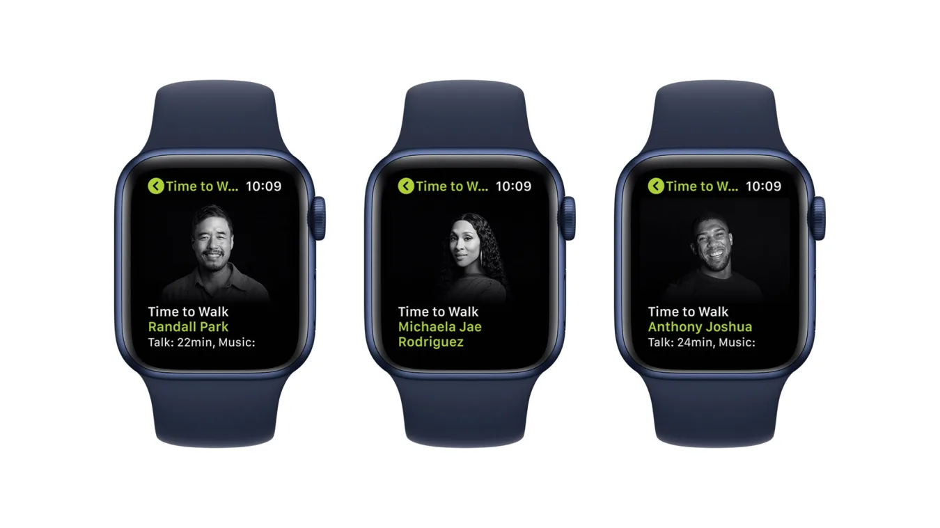 Apple Fitness+ Time To Walk. Three Apple Watches each featuring an episode from Season 2 of Time To Walk. Guests featured from left to right: Randall Park, Michaela Jae Rodriguez and Anthony Joshua.