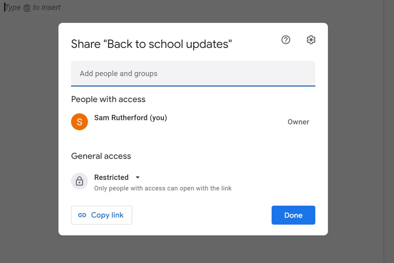 You can easily share files with others by simply pressing the Share button and entering someone's email, or generating a shareable link. 