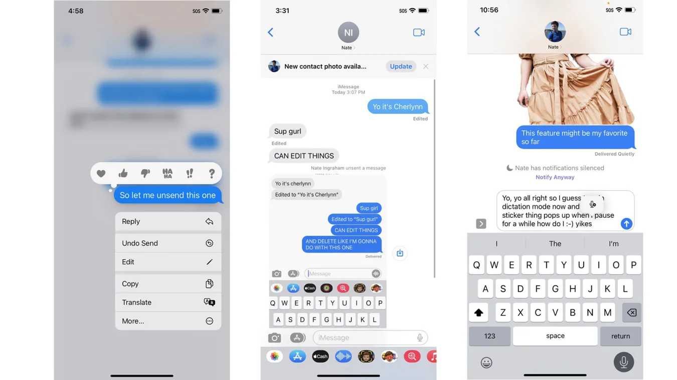 Three screenshots showing the new Undo Send and Edit options in Messages and the new dictation interface in the iOS 16 public beta.