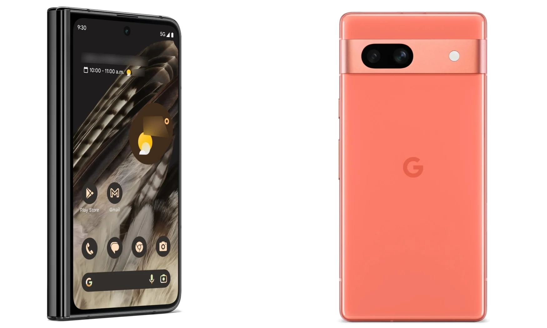 The front of the Pixel Fold and the back of the Pixel 7a in coral.