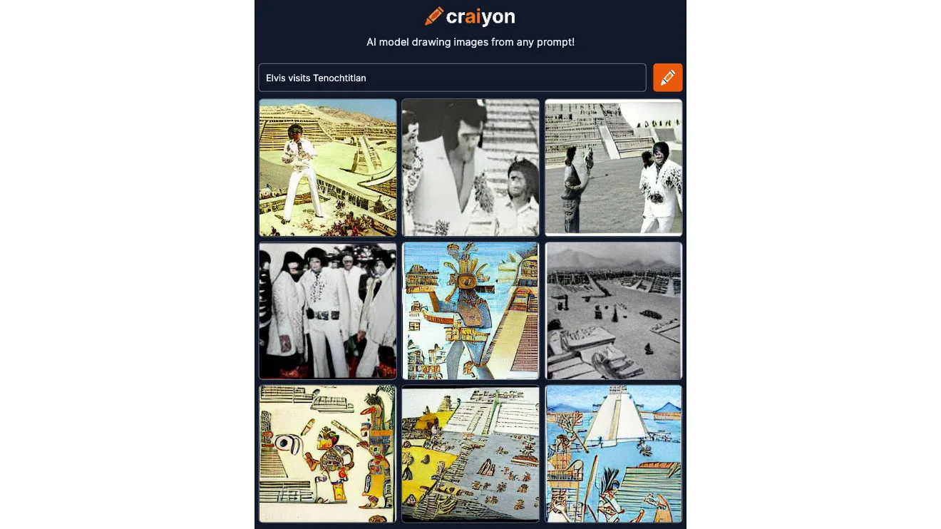 Grid of images created by CRAIYON's generative AI featuring the King visiting the seat of the Aztec empire.