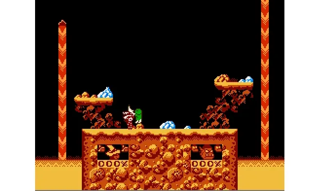 Gameplay-Screenshot des NES-Homebrew-Titels „Super Tilt Bro.“  Es zeigt einen grünen Charakter mit einem Schwert, der einen roten Charakter in einem großen Hut angreift.  Die Spielbühne verfügt über eine rote Felsplattform mit darüber schwebenden kleineren Plattformen und Lavaspeiern zu beiden Seiten.