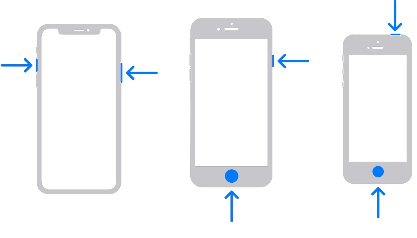A series of images describing how to take a screenshot on various types of iPhone models.