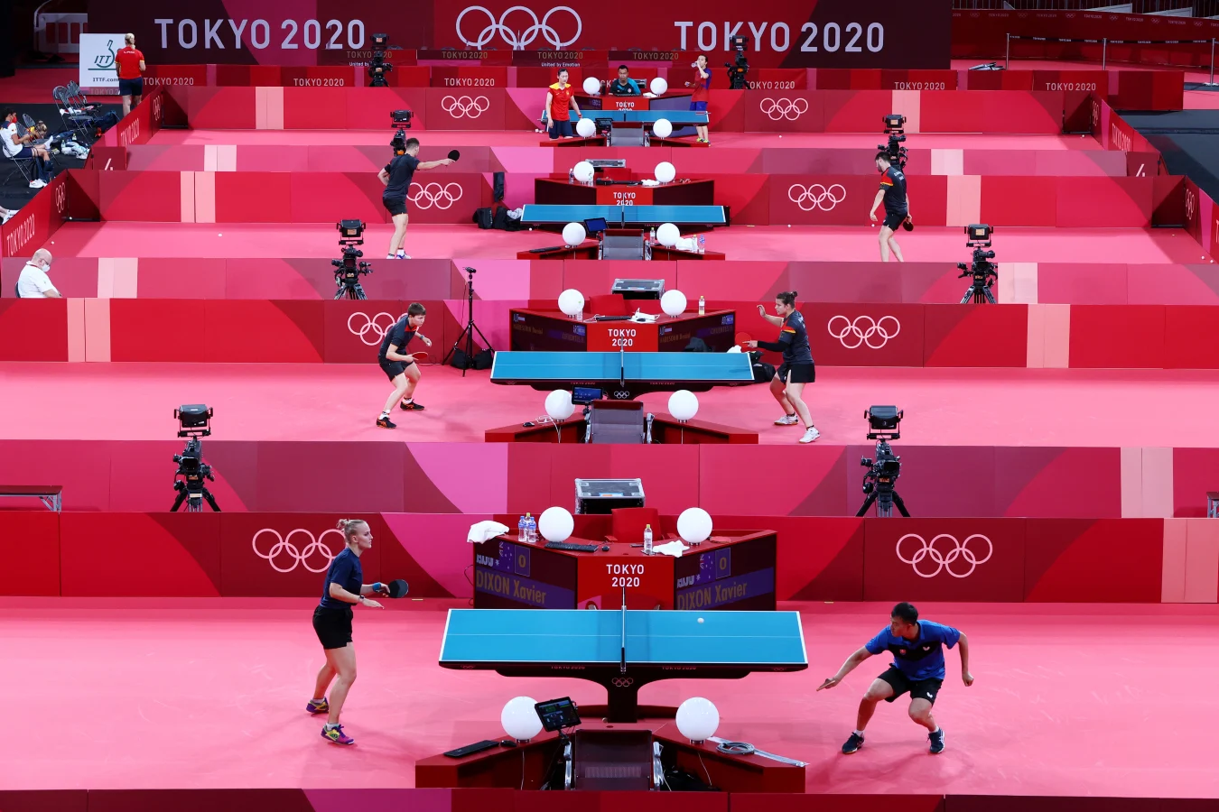 Tokyo 2020 Olympics - Table Tennis Training - Tokyo Metropolitan Gymnasium, Tokyo, Japan - July 20, 2021 General view of athletes during training REUTERS/Thomas Peter