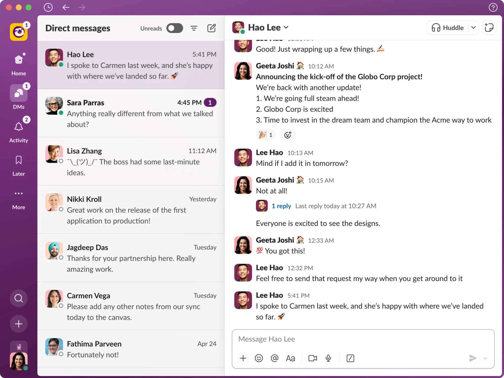 Slack screenshot showing the new redesign and a direct messages feed
