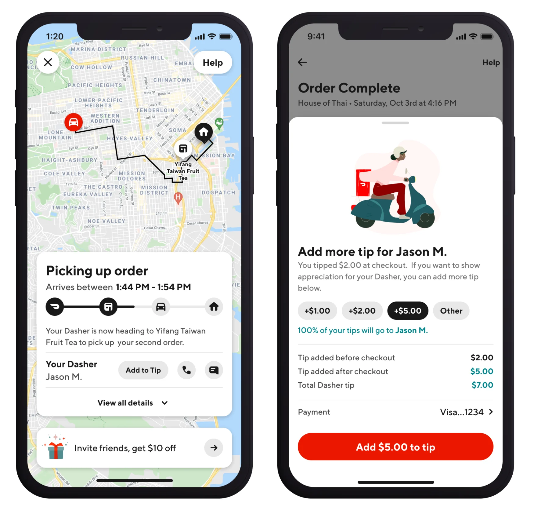 DoorDash screenshots showing the option to tip a courier after delivery.