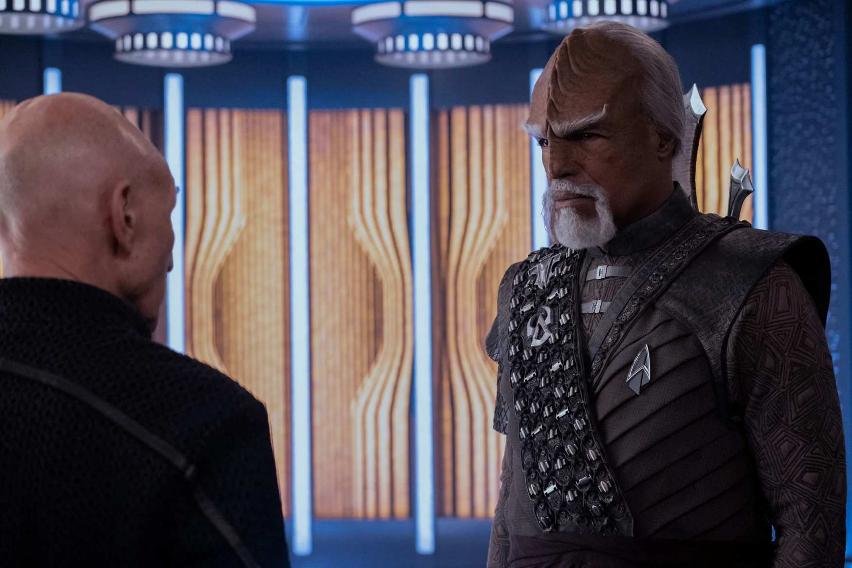 Image of Patrick Stewart and Michael Dorn from 'Star Trek: Picard' in the USS Titan transporter room. 
