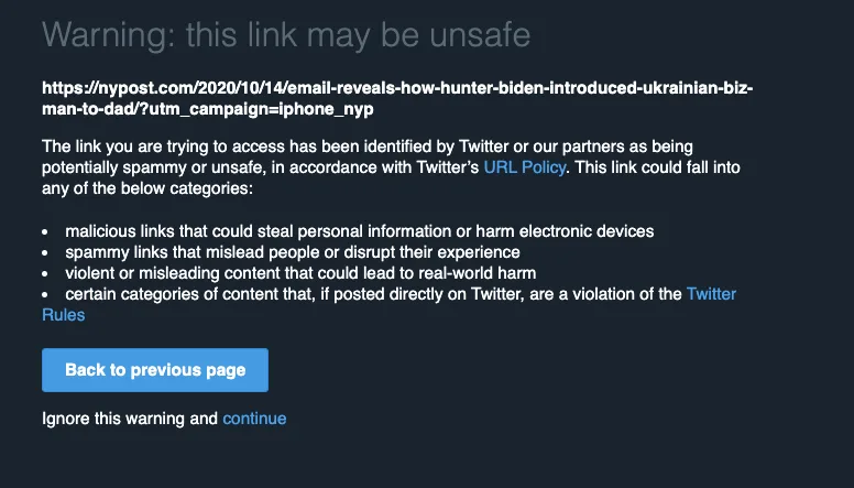 The warning that now appears when you try to click through links that were previously shared before Twitter began blocking it.