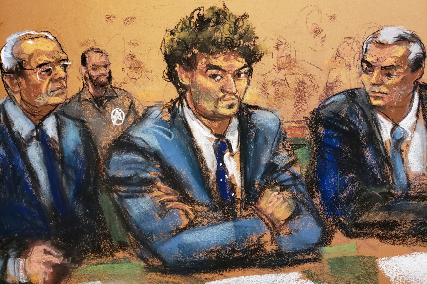 Sam Bankman-Fried, founder and former CEO of crypto currency exchange FTX, sits after his extradition from The Bahamas with his attorneys Mark Cohen and Christian Everdell at his arraignment hearing in Manhattan federal court in New York City, U.S., December 22, 2022 in this courtroom sketch. REUTERS/Jane Rosenberg