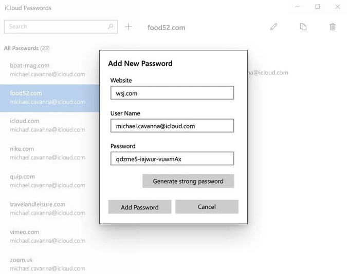 A screenshot of the iCloud Passwords app on Windows, showing the option to generate a strong password.