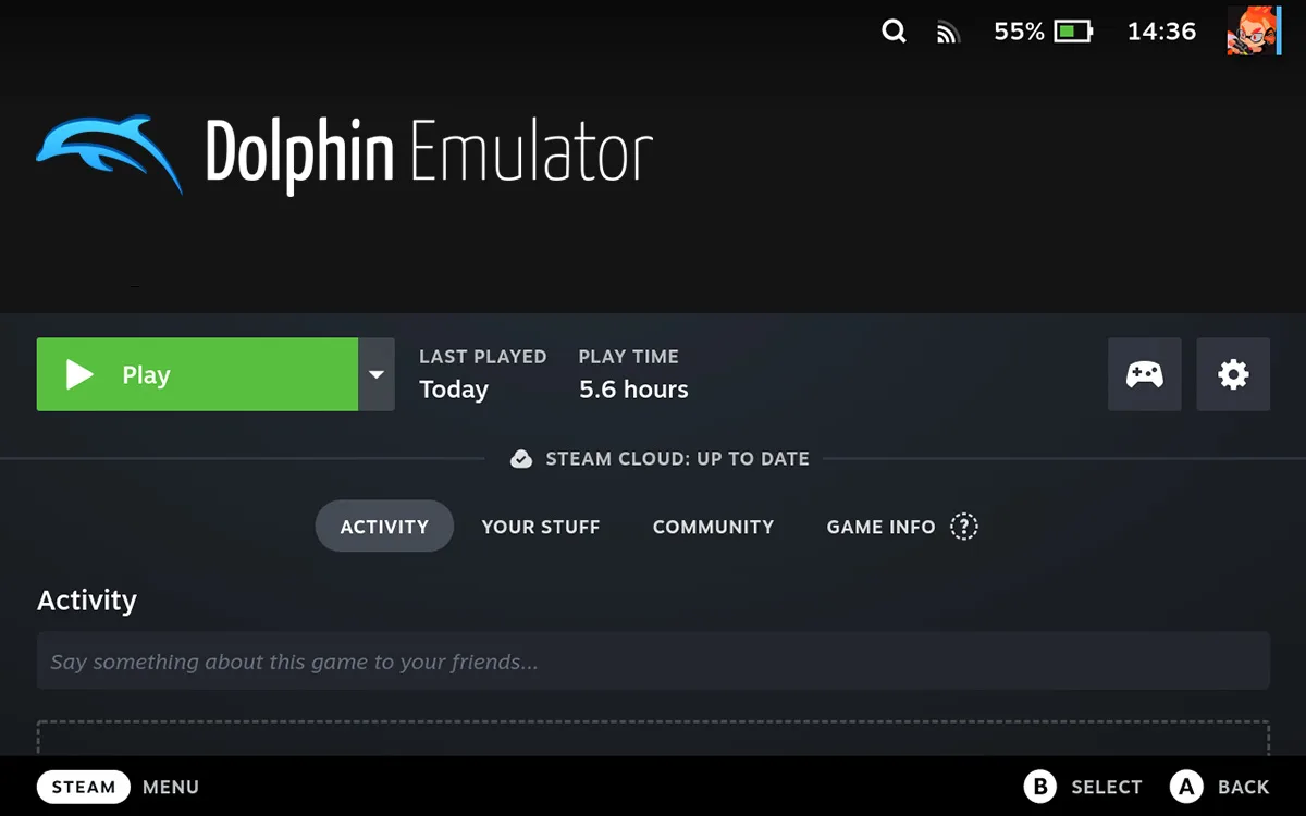 Captură de ecran a emulatorului Dolphin (anulat) pentru Steam. Un titlu mare spune