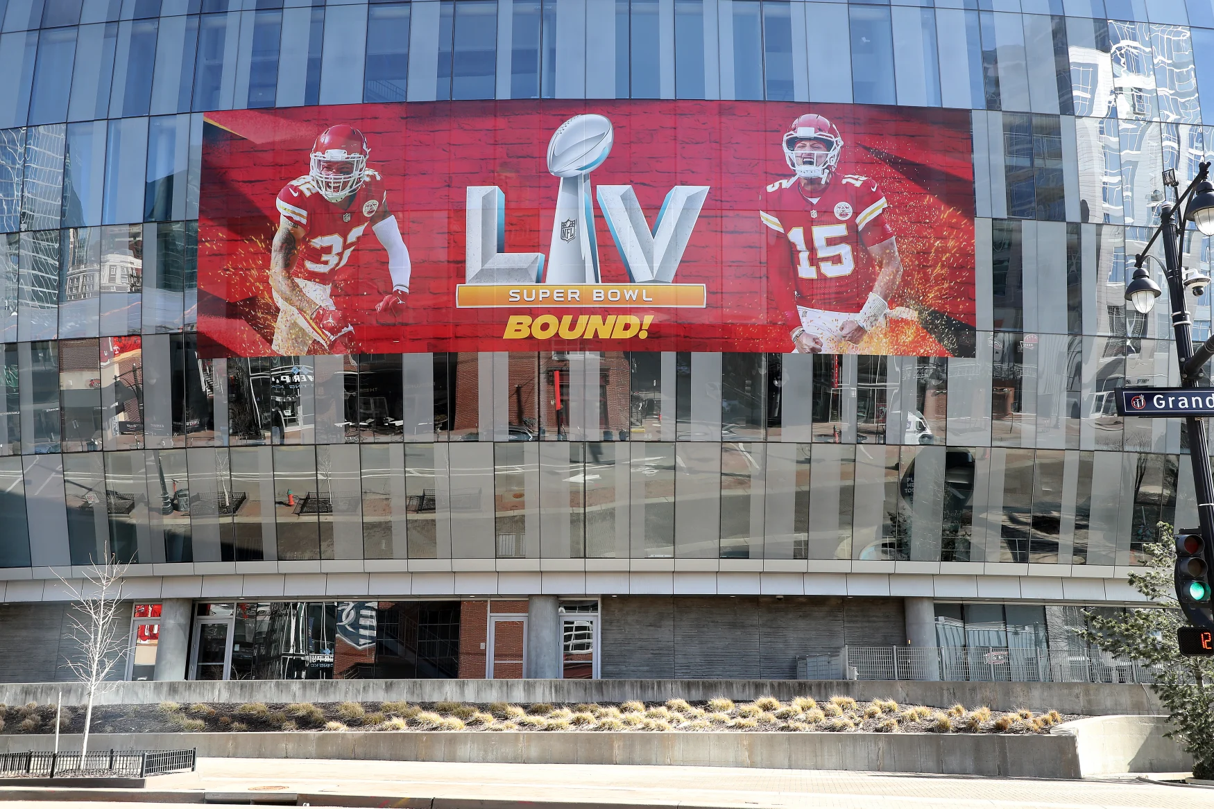 KANSAS CITY, MISSOURI - FEBRUARY 03:  The T-Mobile Center is decorated with a banner in support of the Kansas City Chiefs ahead of Super Bowl LV on February 03, 2021 in Kansas City, Missouri. (Photo by Jamie Squire/Getty Images)