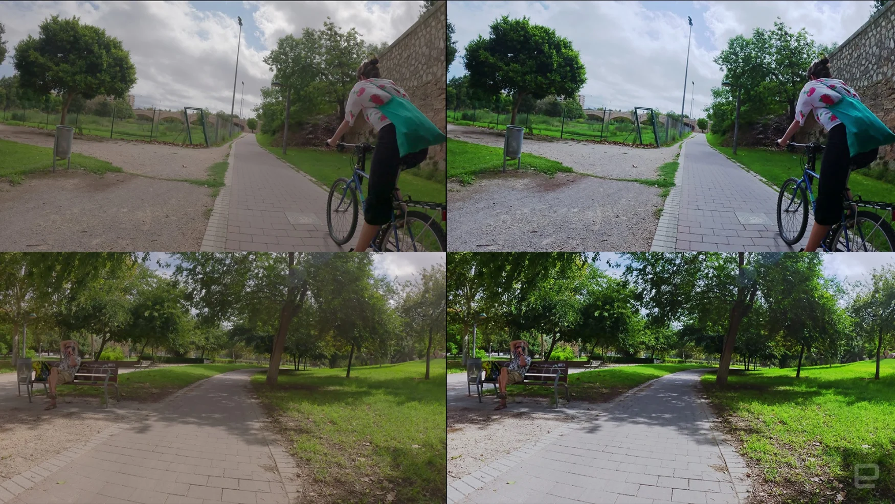 Two screenshots show raw footage from the camera while two color-corrected versioins show what's possible with GoPro's new Log feature.