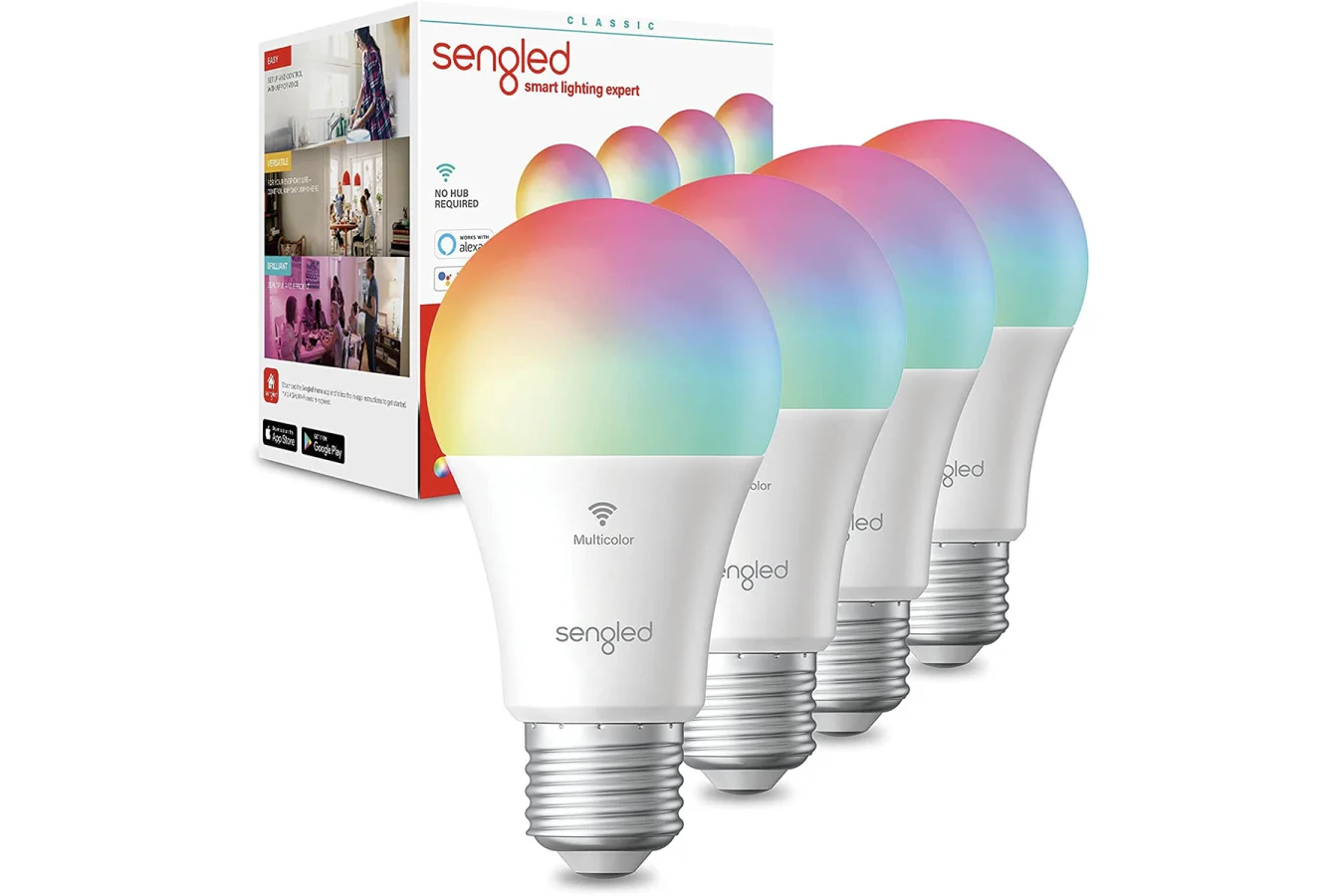 Four of Sengled's Smart Light Bulbs outside of their box against a white background.