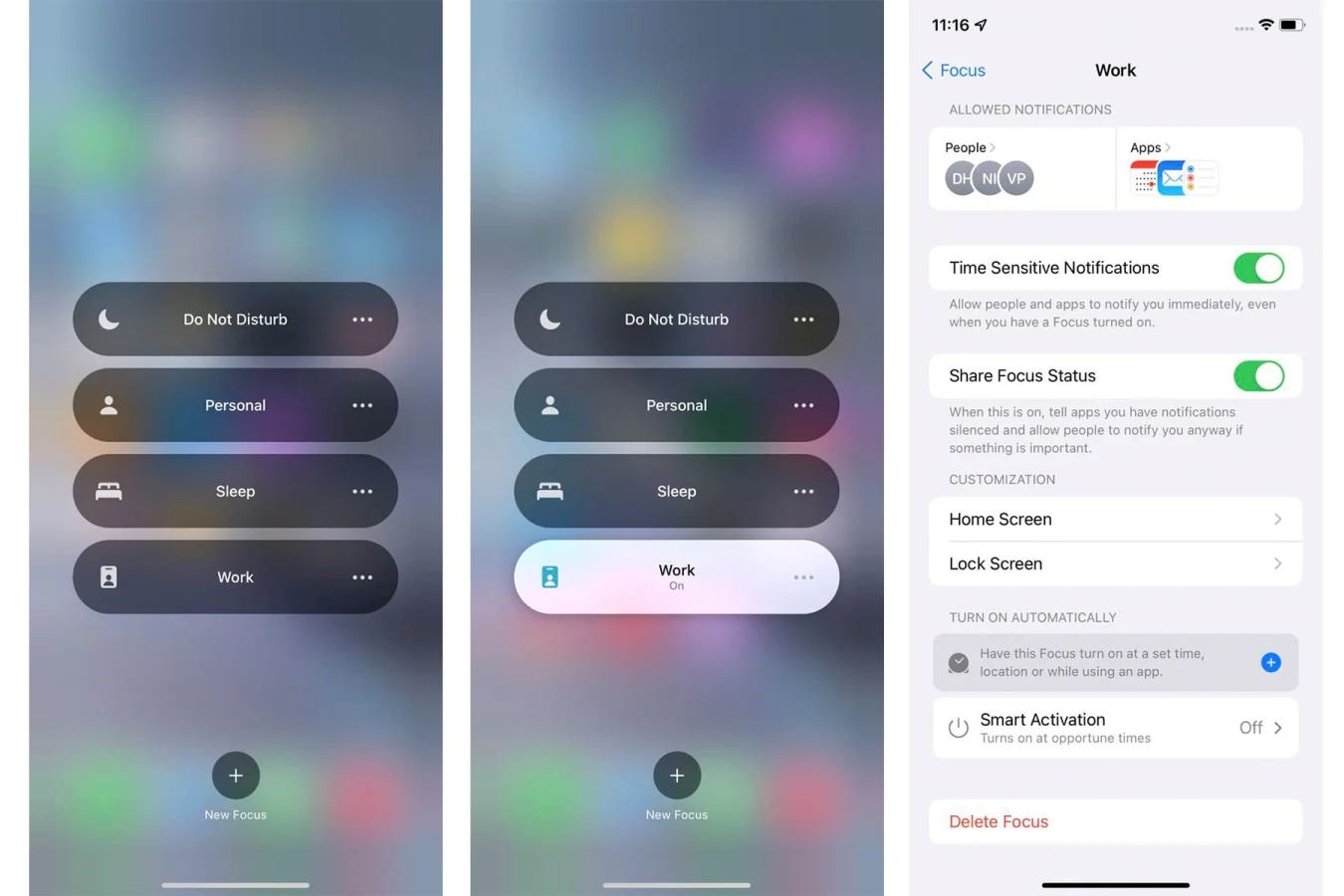 A composite showing three screenshots of the Focus Mode feature in the iOS 15 beta. The first two show shortcuts to enable profiles like Do Not Disturb, Personal, Sleep and Work. The screenshot on the right show a detailed Settings page for the Work profile. 