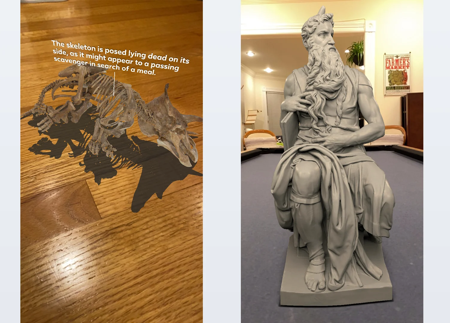 A Triceratops skeleton from the Smithsonian (left) and a statue from the Grand Palais (right) in Instagram's camera.