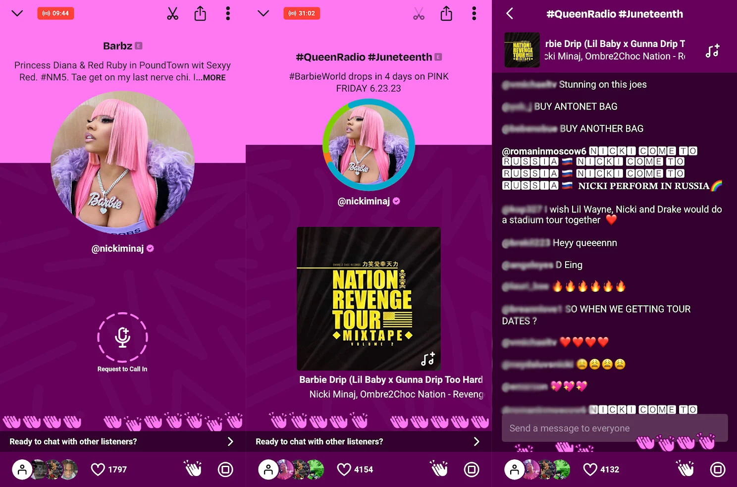 Three screenshots together showing different elements of Nicki Minaj's radio show on Amp.