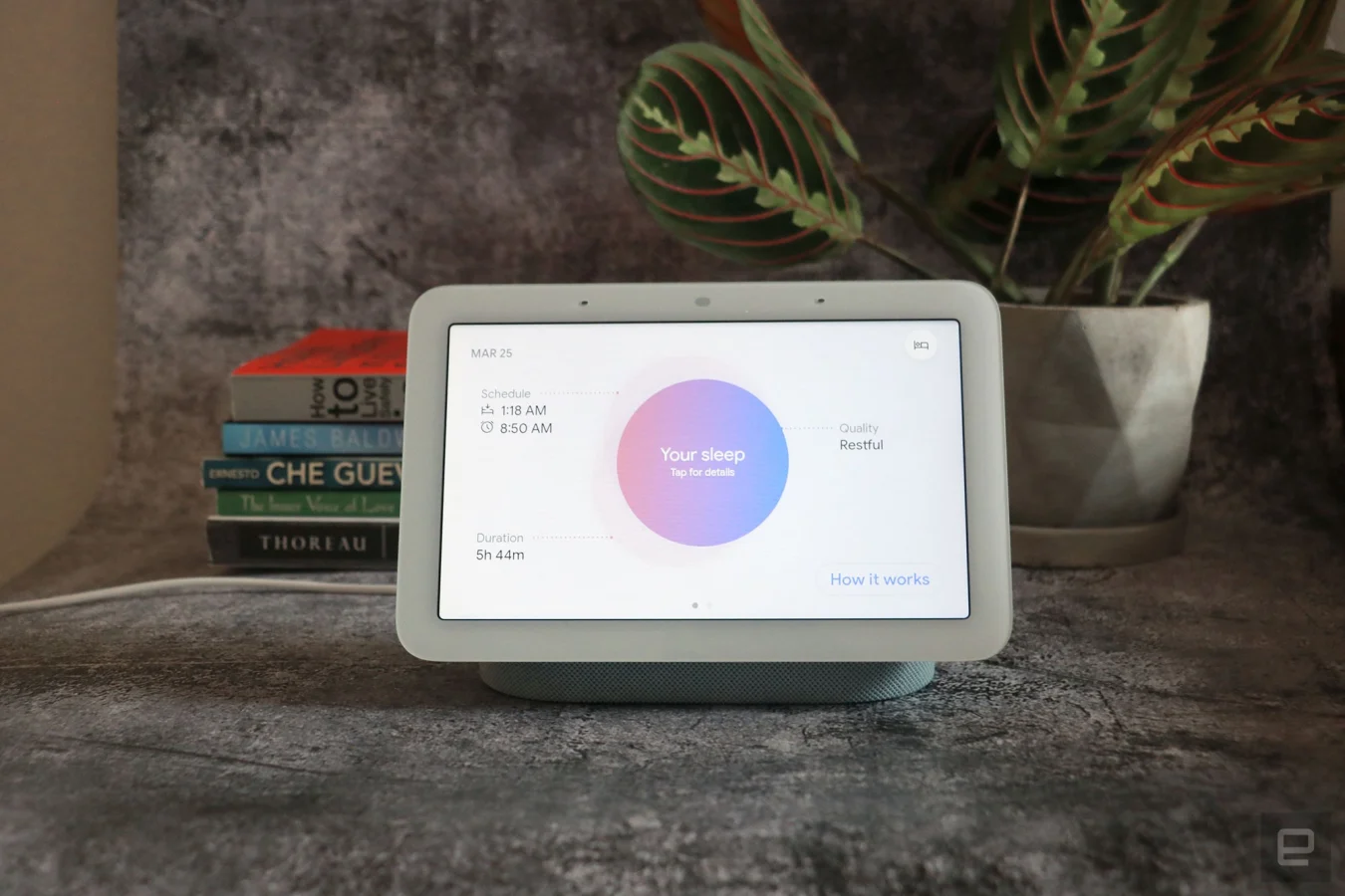 Google Nest Hub 2021 (2nd gen) photo. Picture of Google's newest smart display on a table with books and a plant in the background.