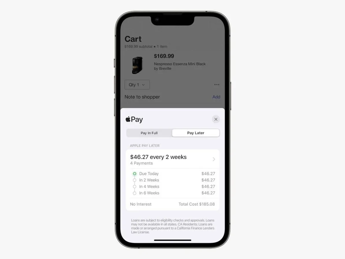 A photo render showing how Apple's buy now, pay later feature works.