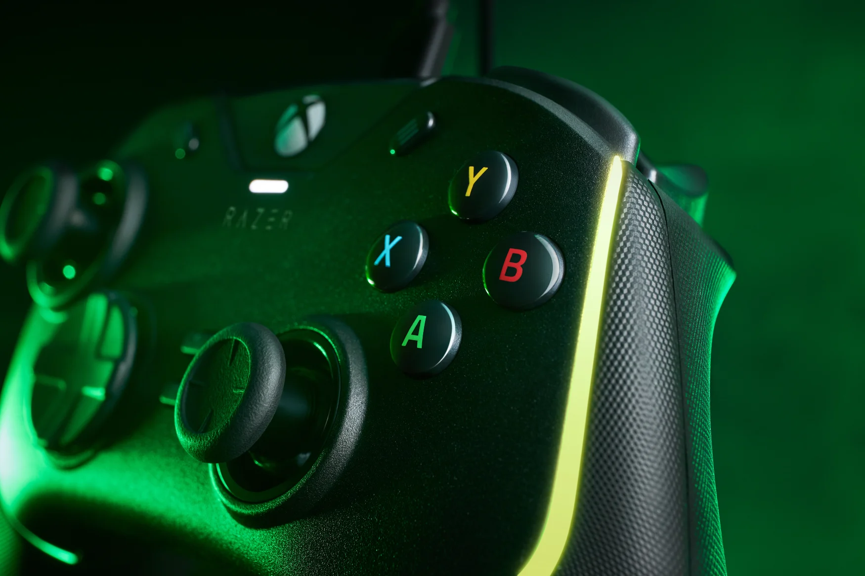 Razer Wolverine V2 Chroma from side with yellow-green lighting