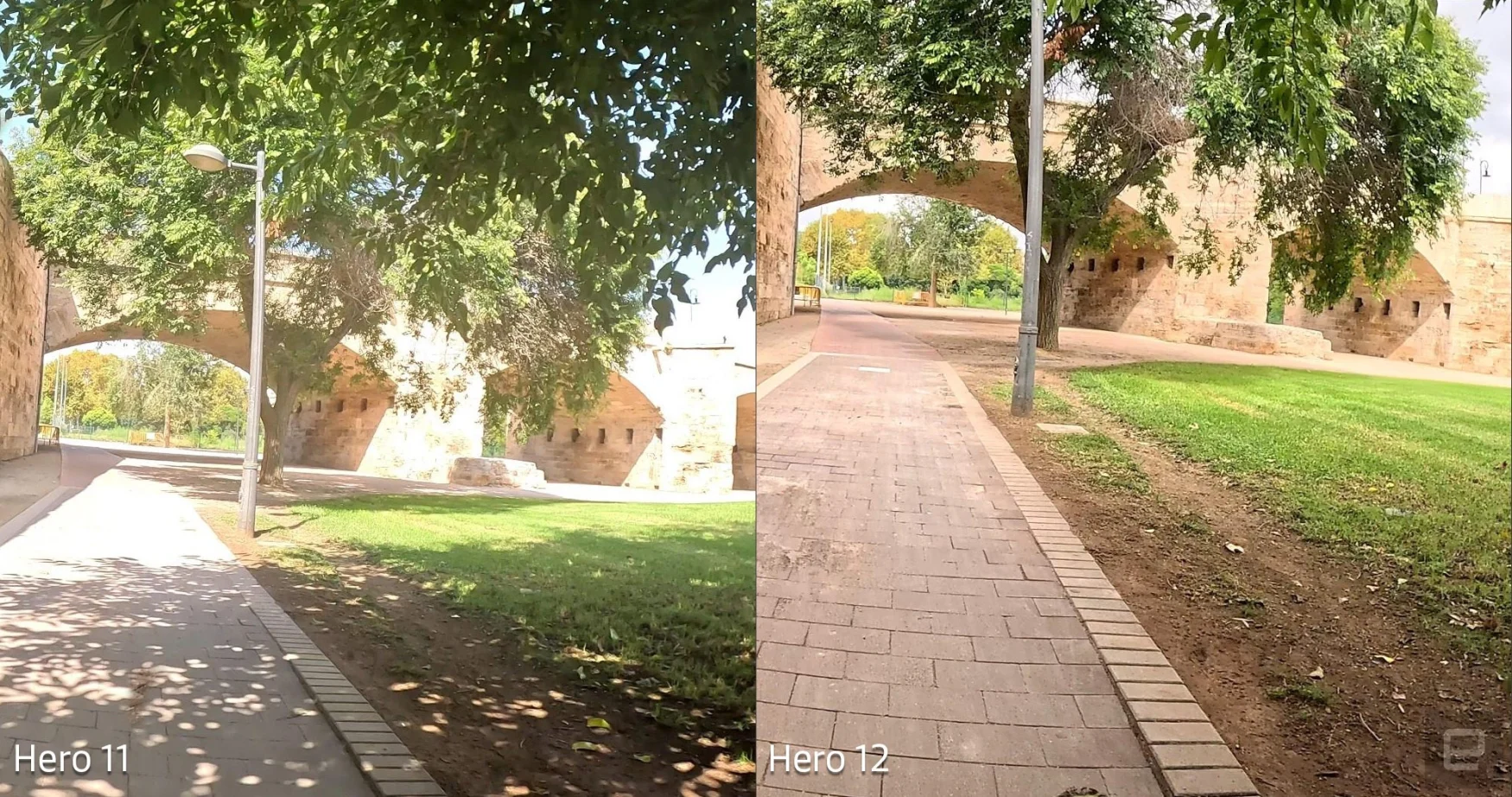 Two different images of the same bicycle track are shown. One from the GoPro Hero 11 Black and the other from the GoPro Hero12 Black with HDR video mode activated.
