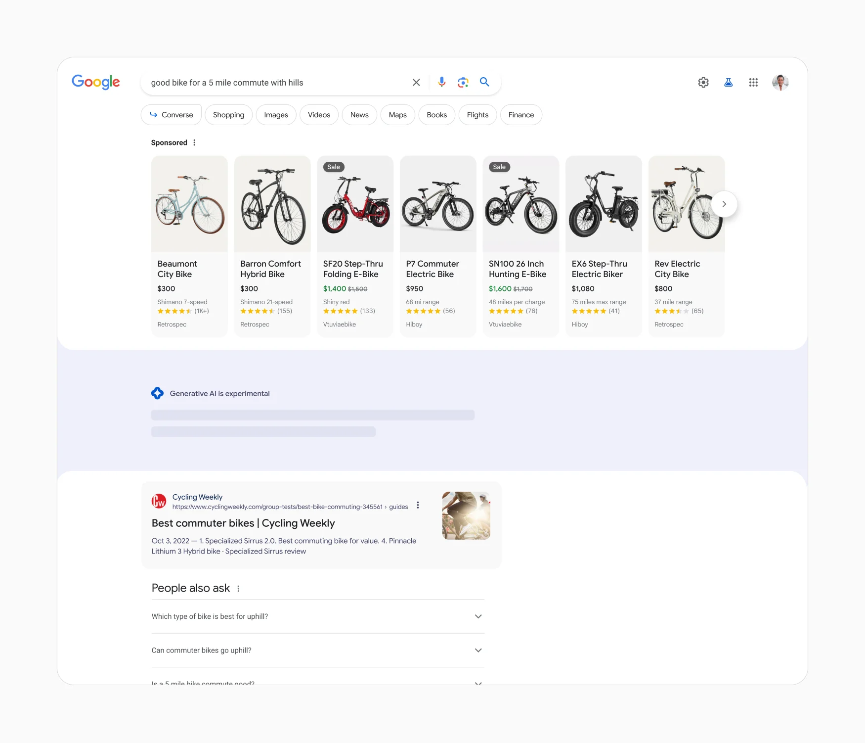 A screenshot showing Google's new Search Generative Experience page with results to a query about an e-bike.