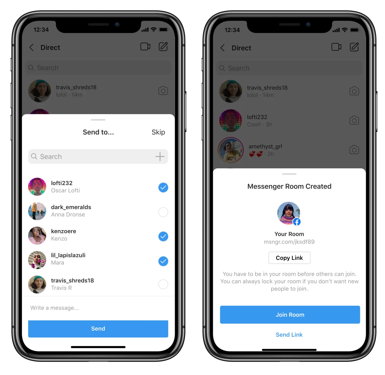 Joining a Messenger Room via Instagram directs to the Messenger app.