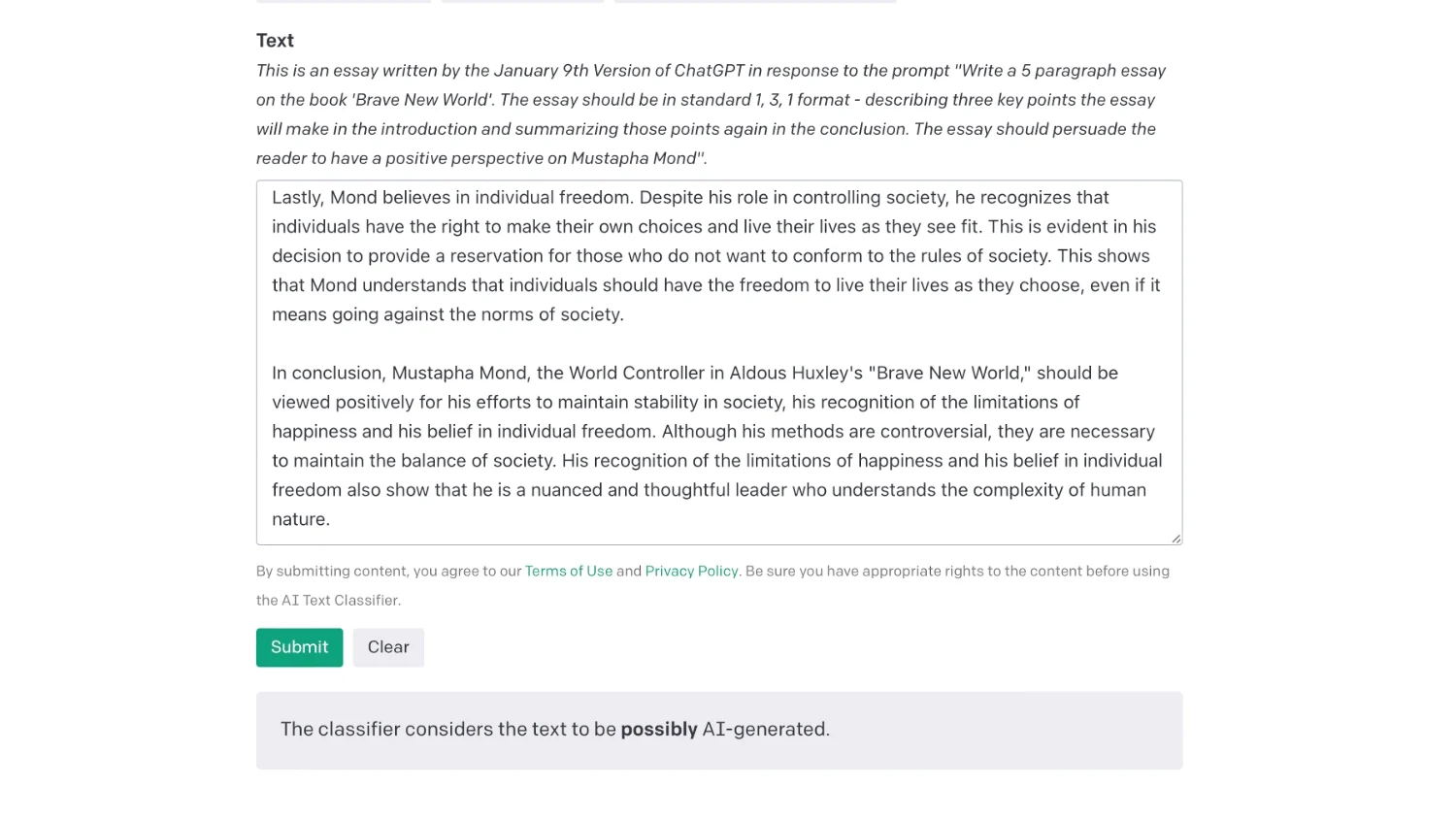 Screenshot of a box with AI-produced text on an OpenAI website that tries to determine if text was written by ChatGPT. The result states it is “possibly AI-generated.”