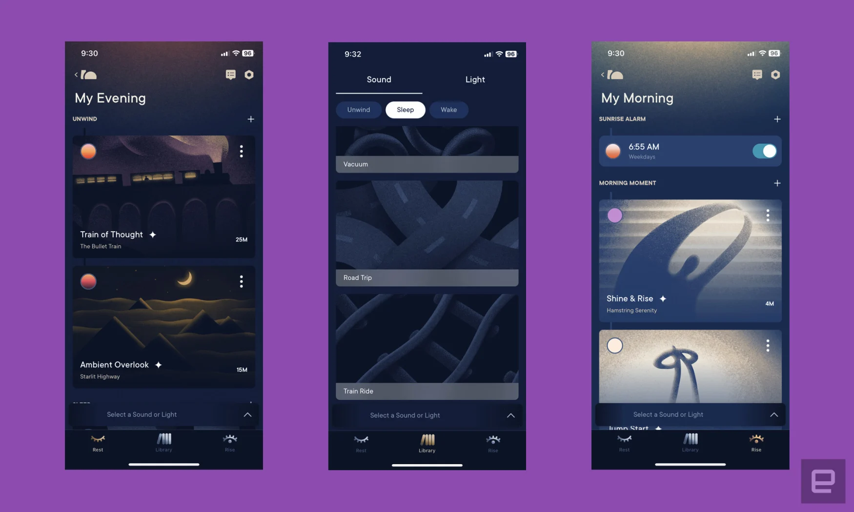 Three screenshots from the Hatch Sleep app show evening, sleep, and wake-up content options. Selections include train stories, road trip white noise, and a morning stretch routine. 