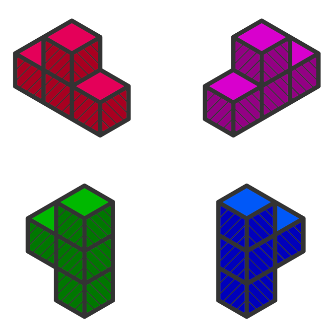 Tetrominoes from the game Tetris, colored with the NES color palette