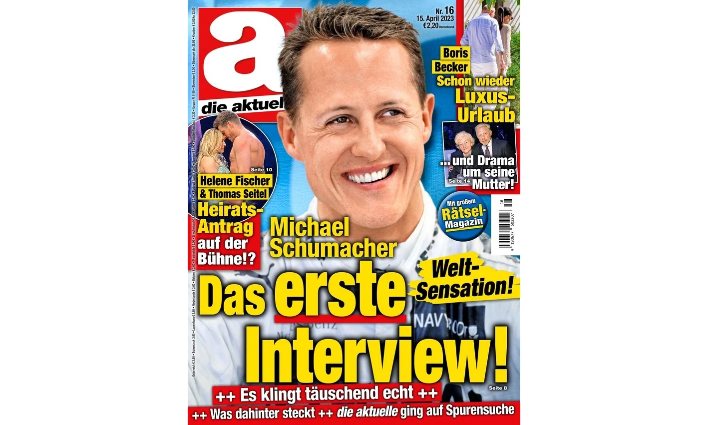 Cover of the April 15th, 2023 issue of German tabloid ‘Die Aktuelle’ featuring Michael Schumacher’s face. The headlines (in German) hype an alleged interview with the Formula One great.
