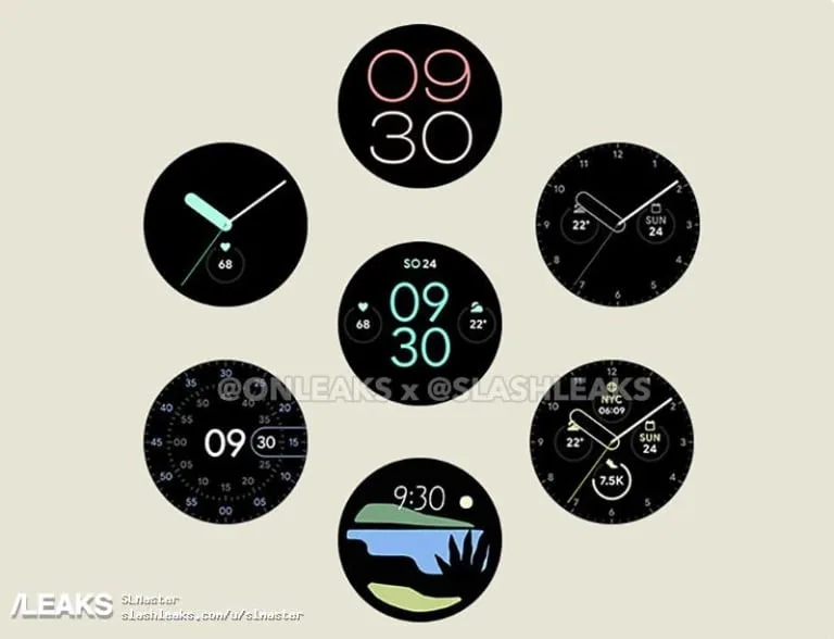 A leaked image of a Google Pixel Watch showing some watch faces.