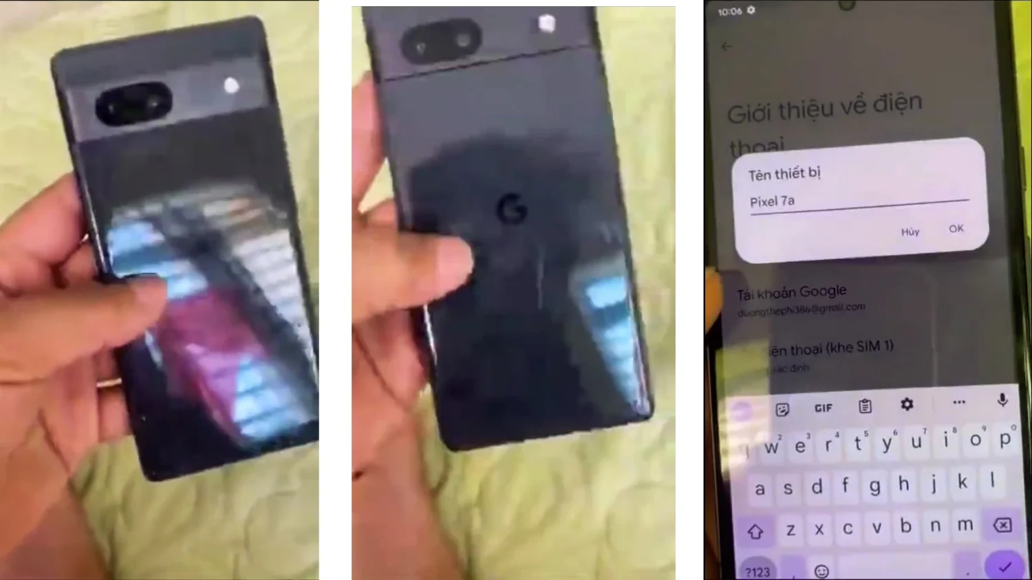 Collage of three images showing a user holding an alleged Google Pixel 7a pre-production phone.
