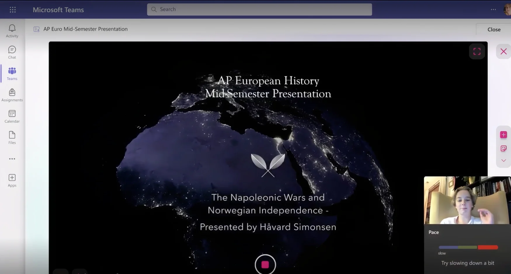 A screenshot from Microsoft Teams, with a student using the Speaker Coach feature to  Strengthen their speaking skills. A slide that says, “AP European History Mid-Semester Presentation” at center with a video bubble of the practicing student on the lower right.