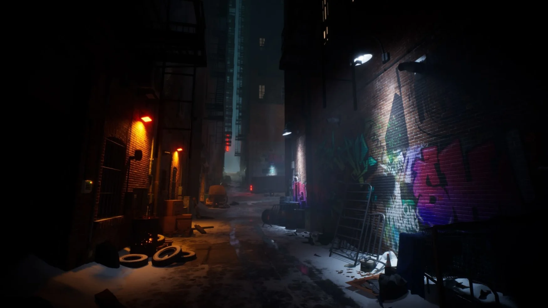 Videogame screenshot of a dark alley with street art, old tires and other random objects lying about.