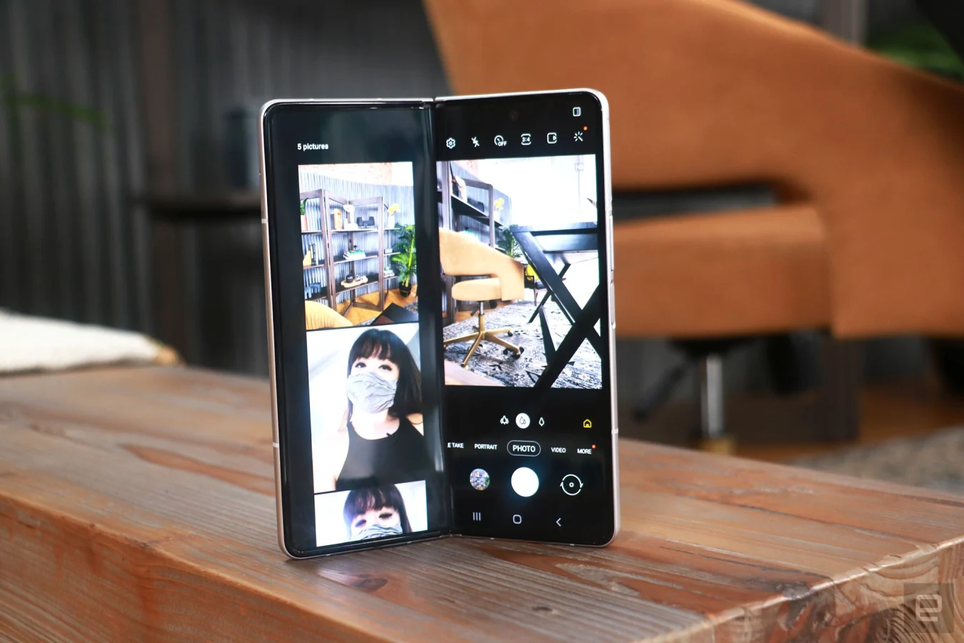 Galaxy Z Fold 3 with the camera app open in Flex mode