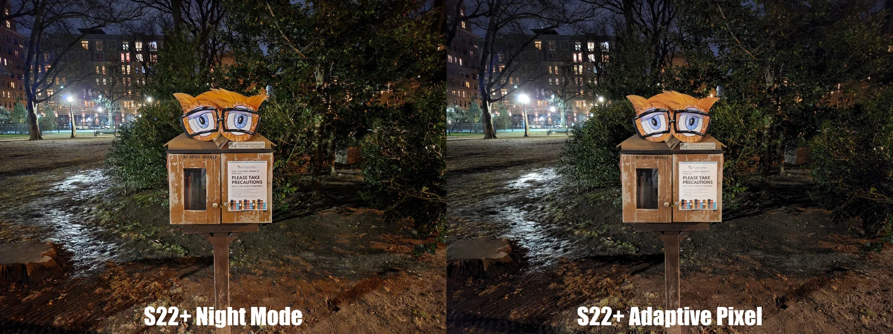 A comparison photo of a local book drop using the S22+'s standard Night Mode and its new Adaptive Pixel feature. 