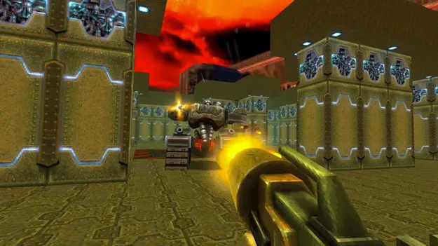 Screenshot van Quake II Remastered, waarin een wapen vanuit het standpunt van de speler wordt vastgehouden op iets in de verte.