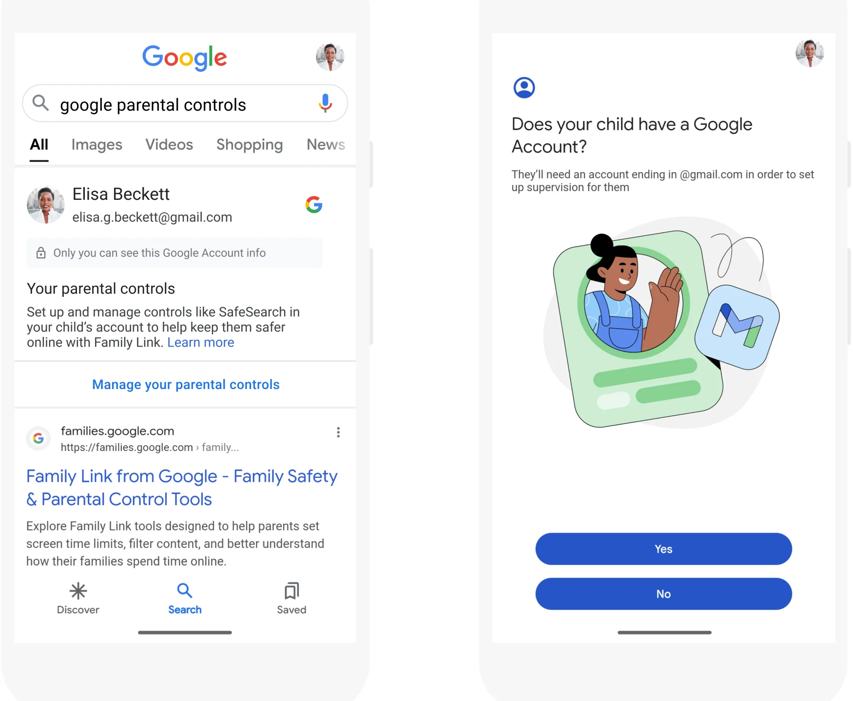 Screenshots showing how to access Google's parental controls from Search. The first shows the query 