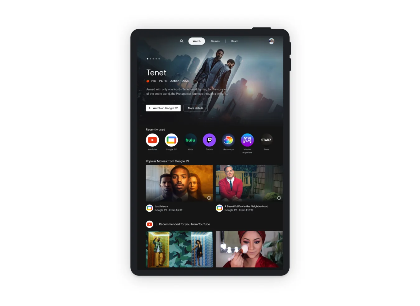 Google Entertainment Space for Android tablets. A tablet in portrait orientation showing the Watch tab in the new Entertainment Space. The top third is taken up by a recommendation for the movie Tenet, and below it is a small row of Recently Used apps. The rest of the screen shows taller rows of shows and the first is labelled 