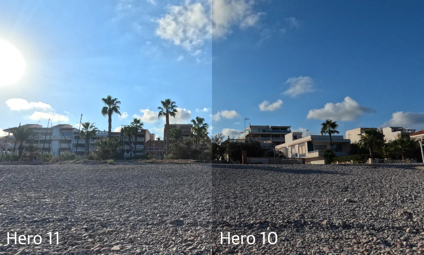Eine Vergleichsaufnahme, die zwei Fotos nebeneinander zeigt.  Eine Aufnahme mit der GoPro Hero 11 und die andere mit der GoPro Hero 10