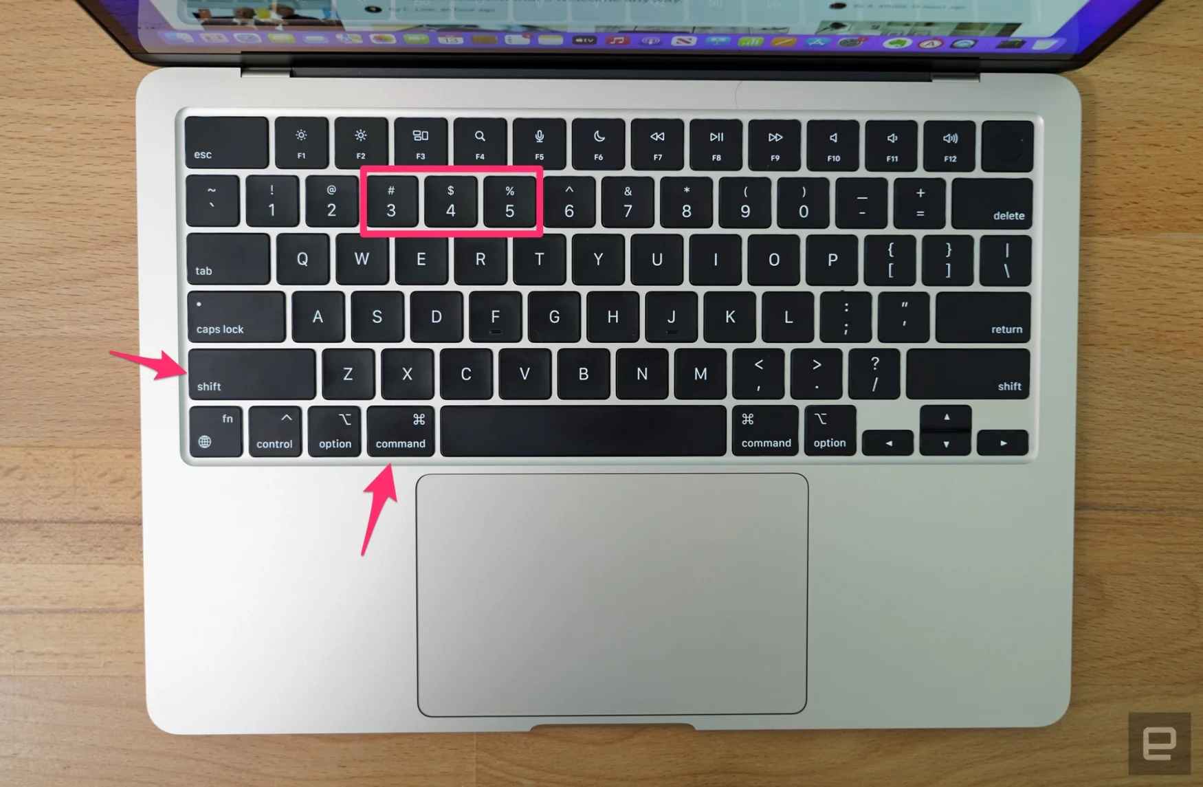 A screenshot of a MacBook Air's keyboard, with the keys for utilizing macOS' screenshot tools highlighted.