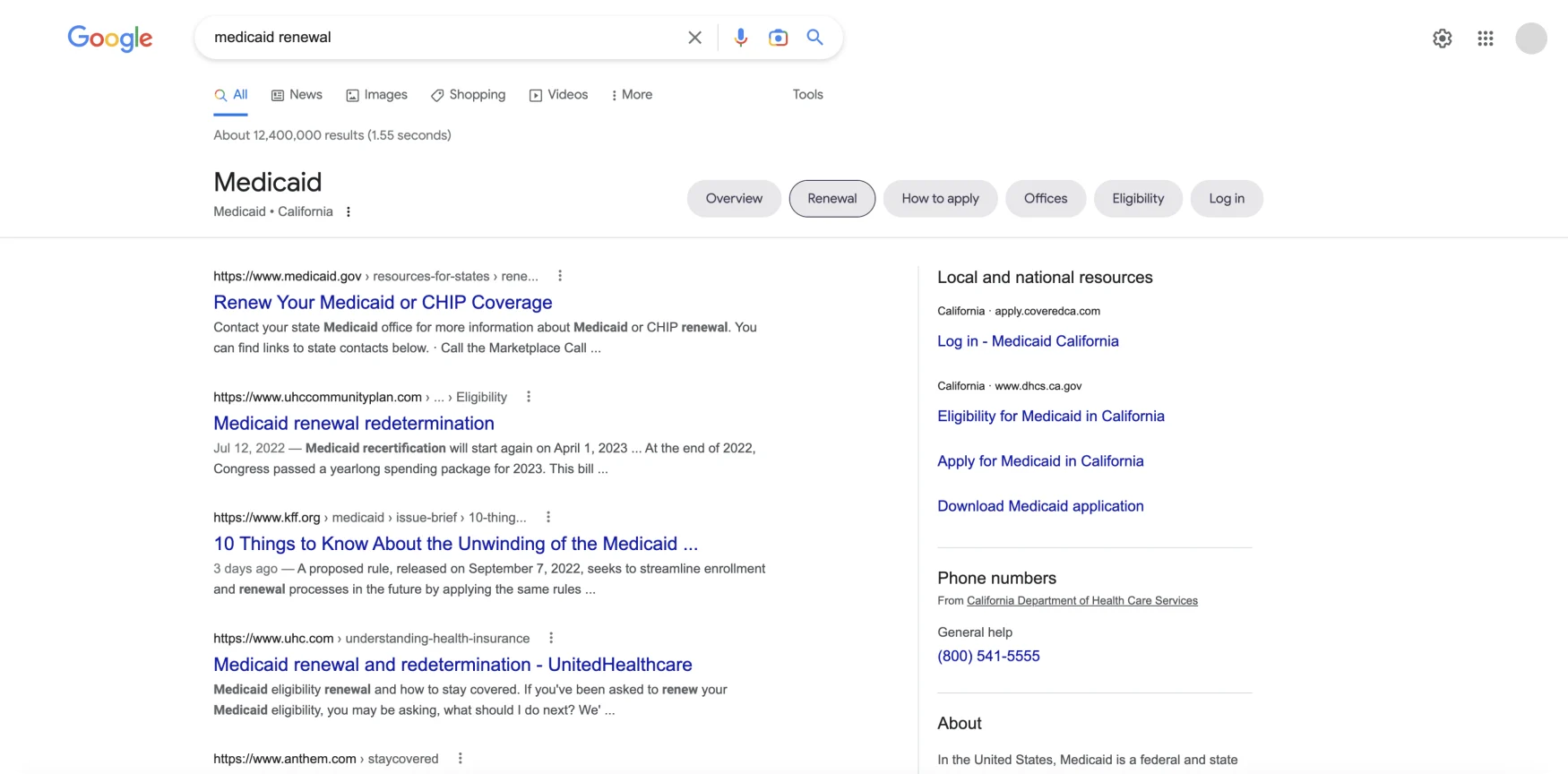 Medicaid enrollment links in Google search results.