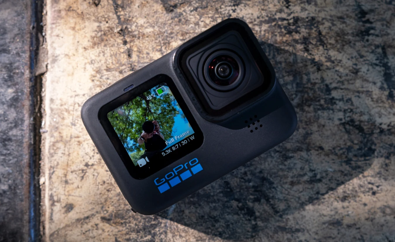 The new flagship GoPro camera pictured on a skate ramp platform.