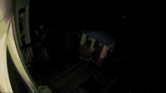 A racoon hangs out on my deck at night, captured by an Arlo camera.